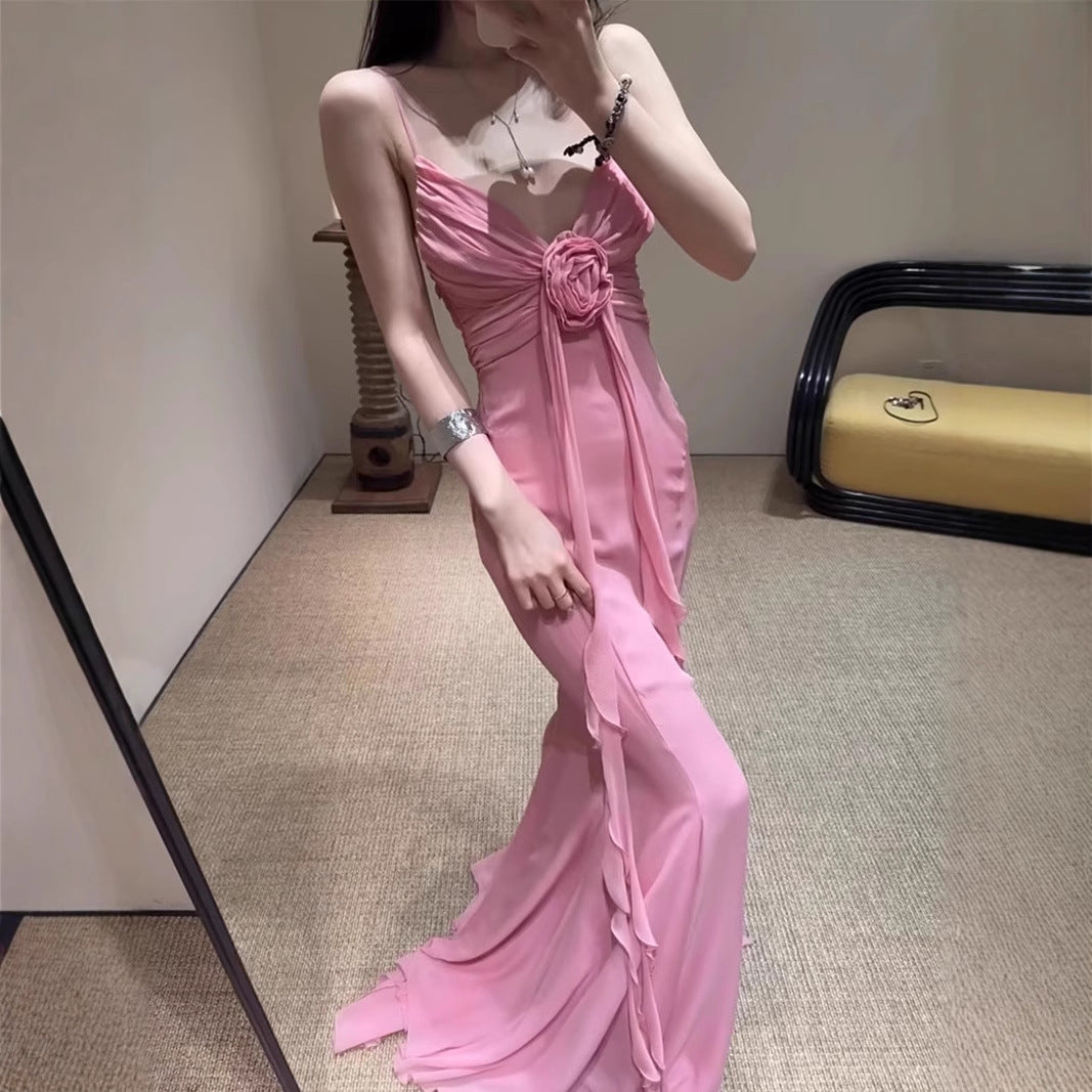 Blumarine South French Temperament Dress Women's Summer High-Grade V-neck Fitted Waist Backless French Suspender Dress Long Skirt