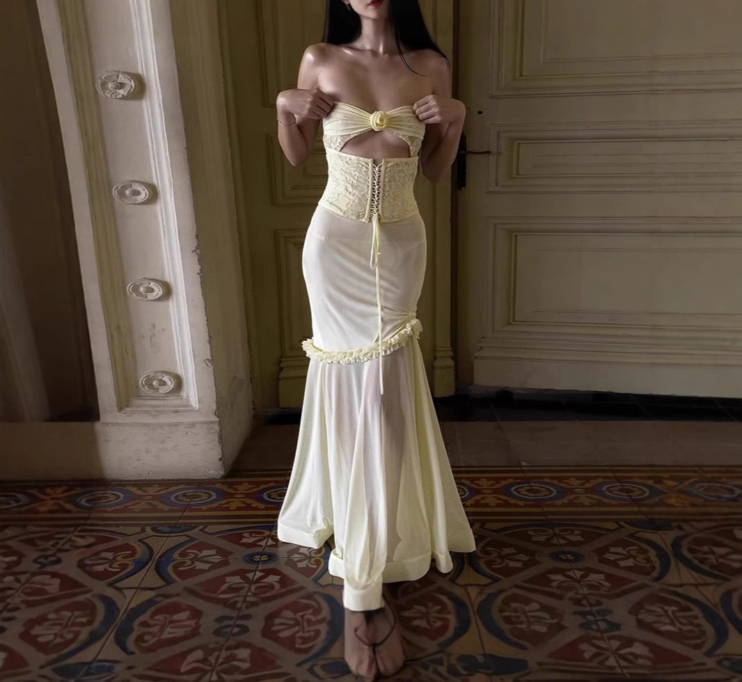 Thai Design Sense Strapless Hollow Waist-Cinching Beach Long Dress