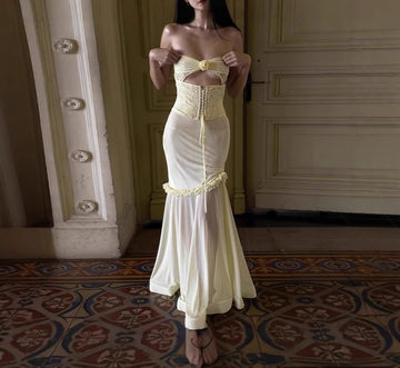 Thai Design Sense Strapless Hollow Waist-Cinching Beach Long Dress