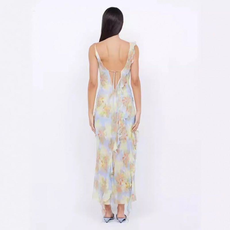 Chiffon Sweet Ruffle Vacation Style Dress Vacation