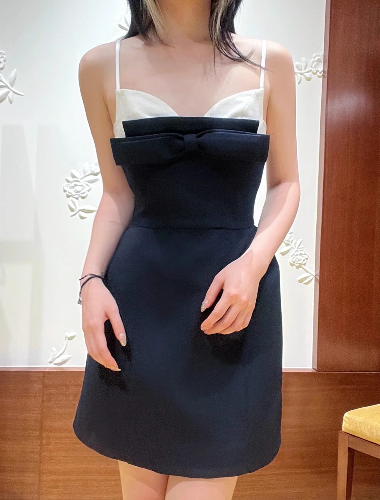 French Style Double-Layer Bow Bandeau Sling Dark Blue Dress Women's Summer New Sexy Small Dress Women