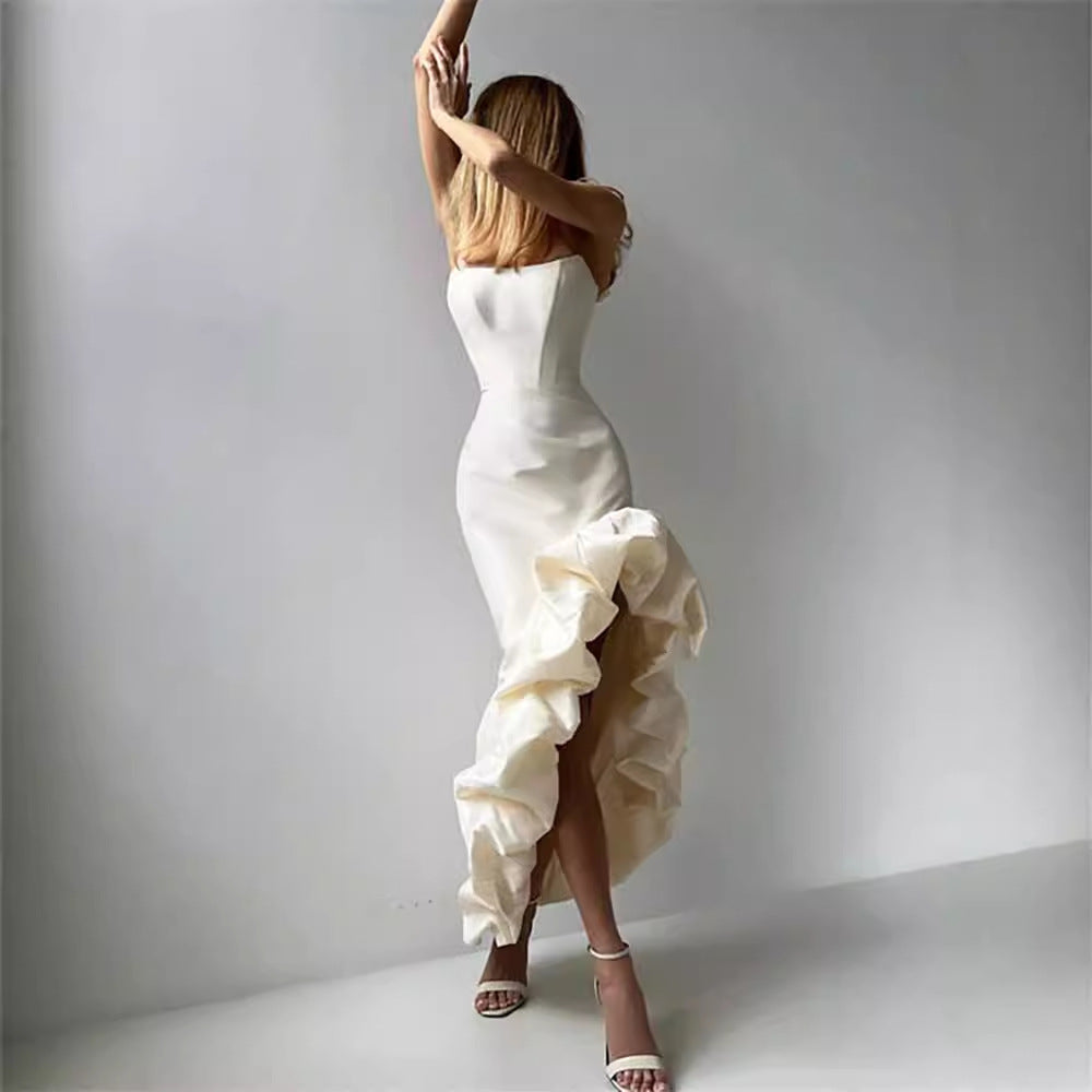 Summer New Sexy Split White Bra Pleated Dress Irregular Dress Dress