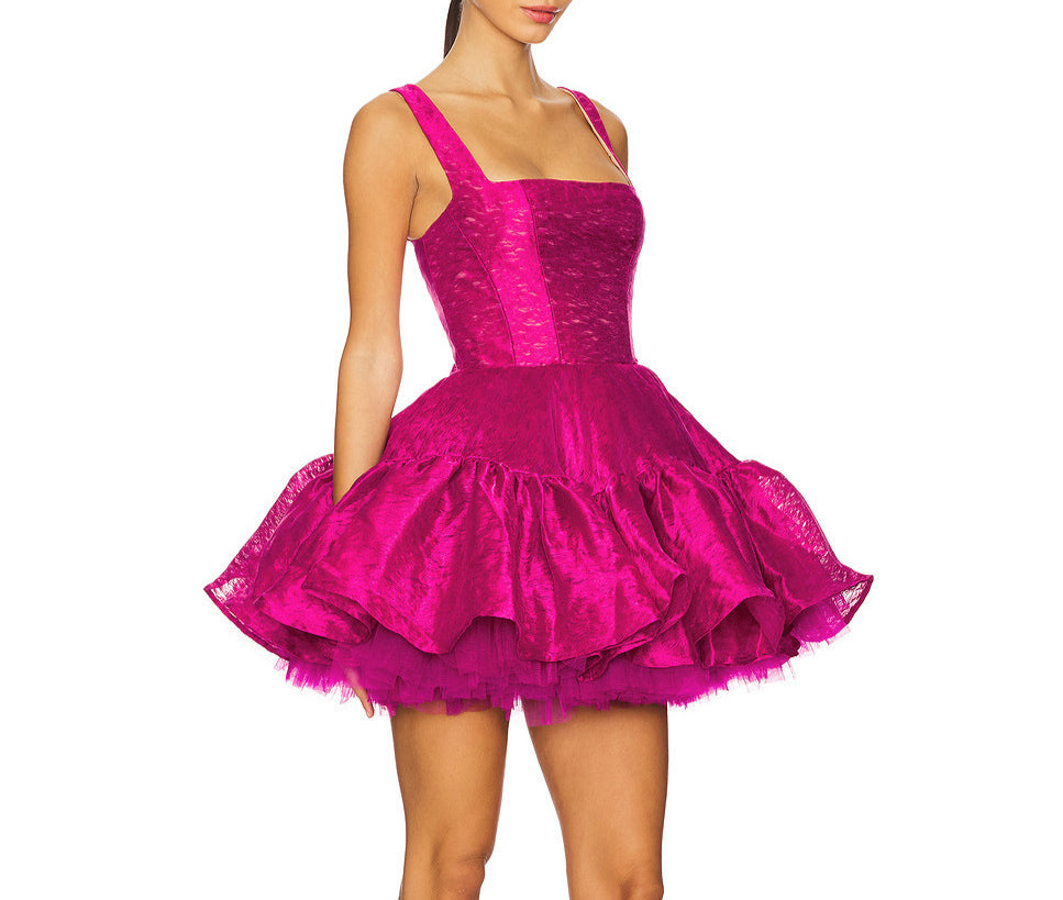 Slim-Fit Suspenders Square Collar dress Mesh Stitching Tutu Dress Banquet Dress