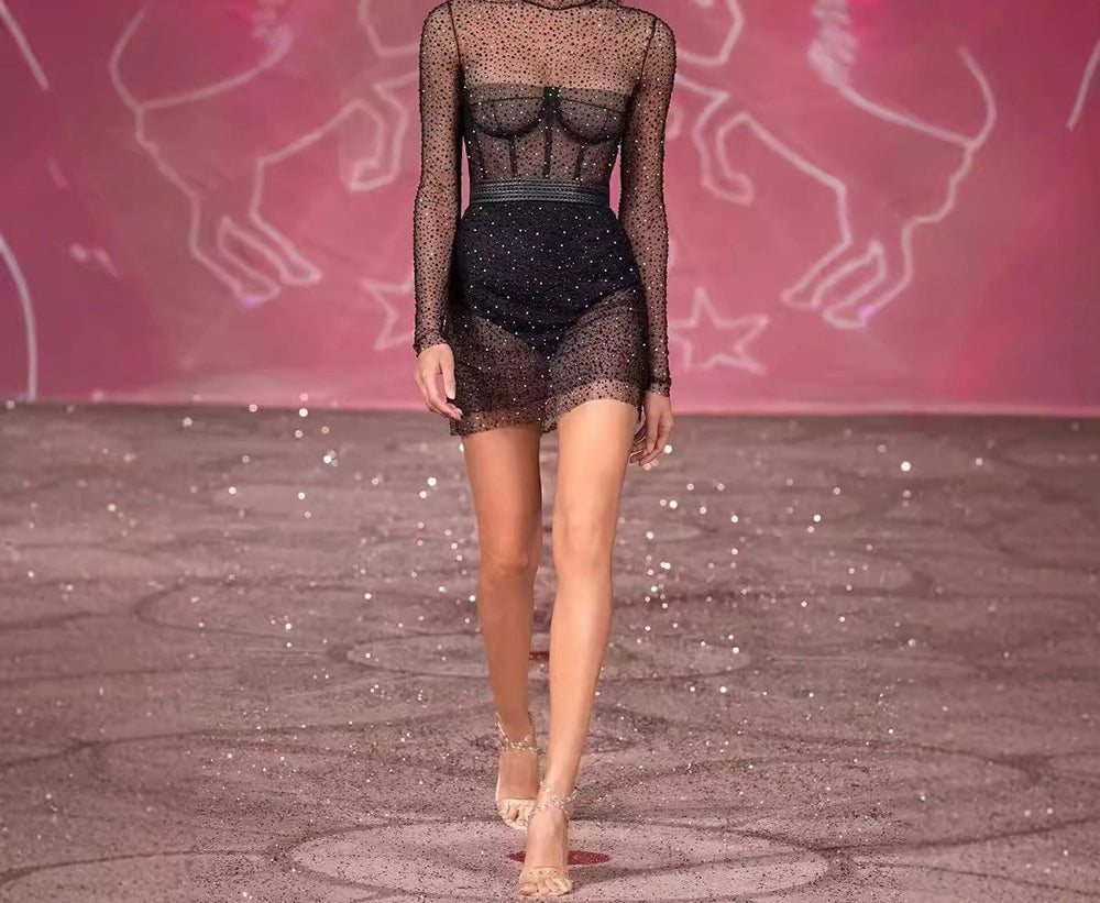 Sexy Hollow Out Rhinestone Mesh Long Sleeve See-through Dress Nightclub Dress