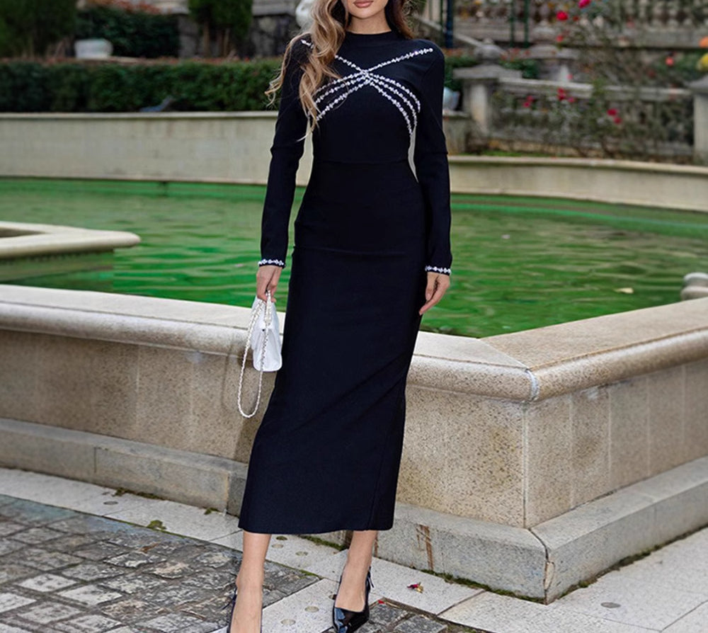 Black Long Sleeve Bandage Slim Fit Rhinestone Dress Autumn and Winter
