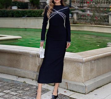Black Long Sleeve Bandage Slim Fit Rhinestone Dress Autumn and Winter