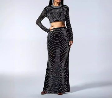 Women's High Waist Skirt Two-Piece Set Rhinestone Chain Sexy Set