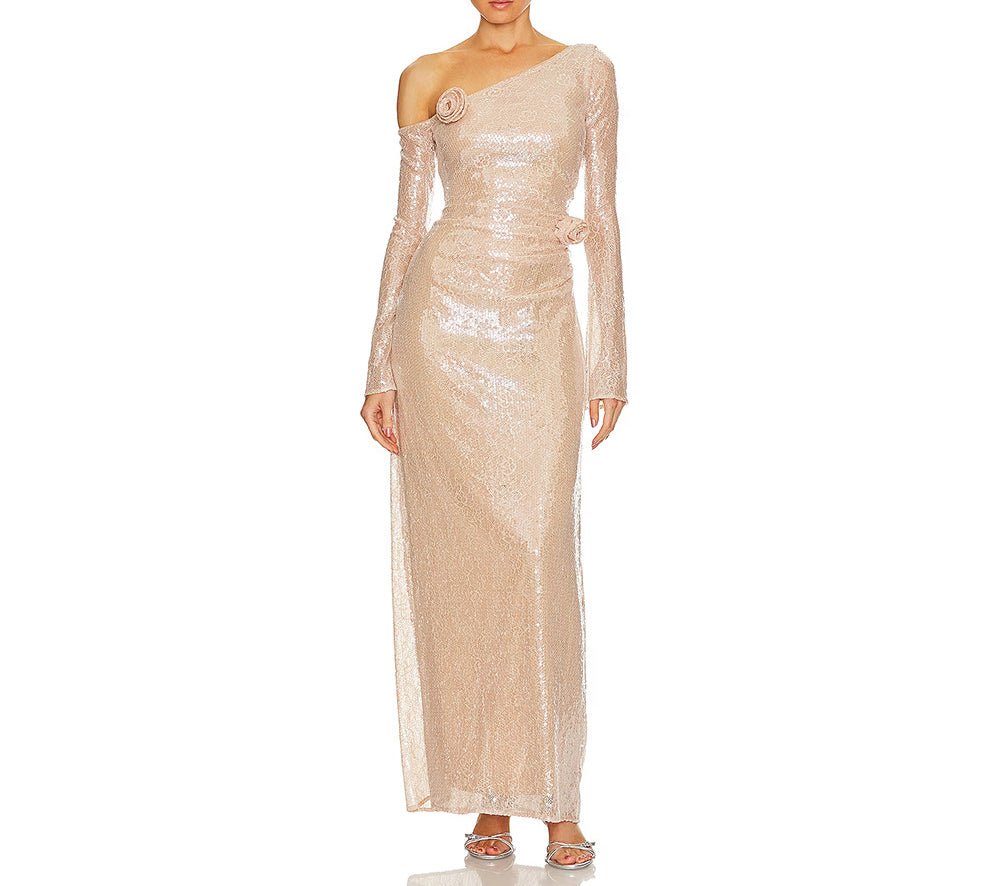 Long Sleeve Sheer Hollow Out Dress Women's New Party Lace Sequin