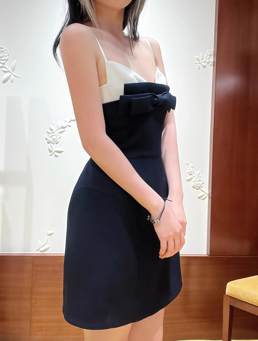 French Style Double-Layer Bow Bandeau Sling Dark Blue Dress Women's Summer New Sexy Small Dress Women