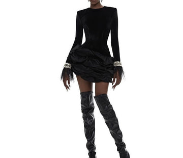 Hepburn Style Layered Ruffle Irregular Long Sleeve Black Bandage Dress