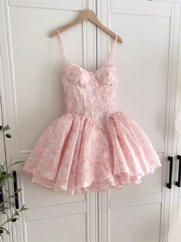 French Niche Design Princess Dress Organza Elegant Pink Floral Strap Puff Short Dress