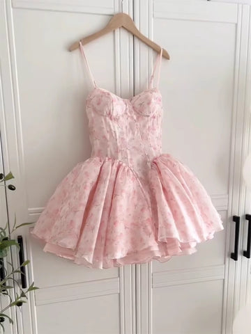 French Niche Design Princess Dress Organza Elegant Pink Floral Strap Puff Short Dress