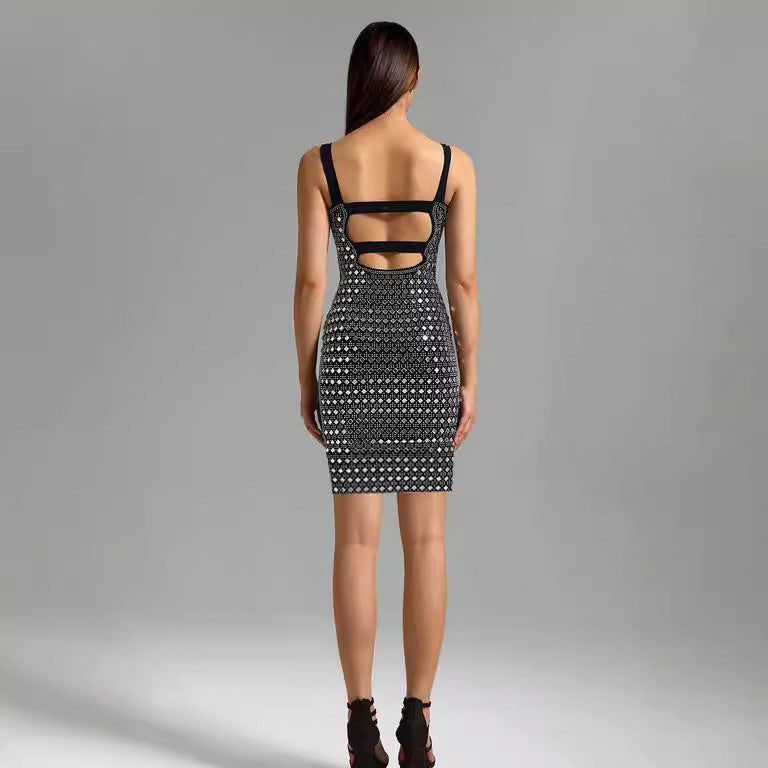 Sexy Backless Slim Fit Rhinestone Strap Dress Short Birthday Party Evening Gown