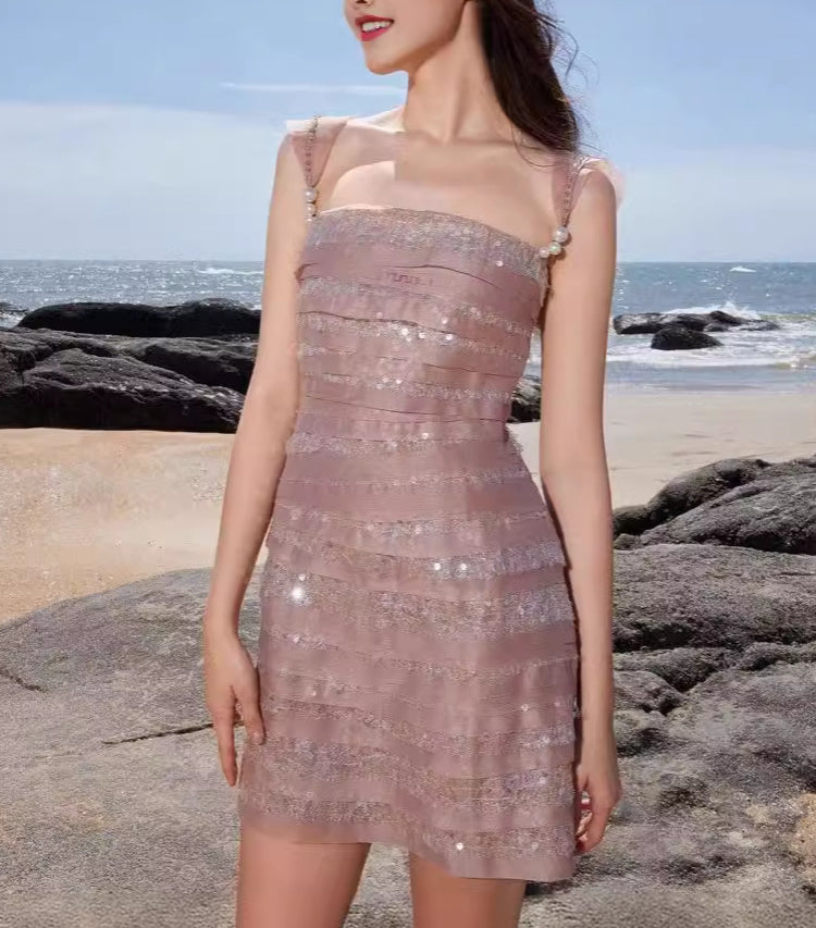 Mermaid Princess Layered Sequin Pearl Strap Waist-Cinching A Pearl Strap Short Skirt for Women