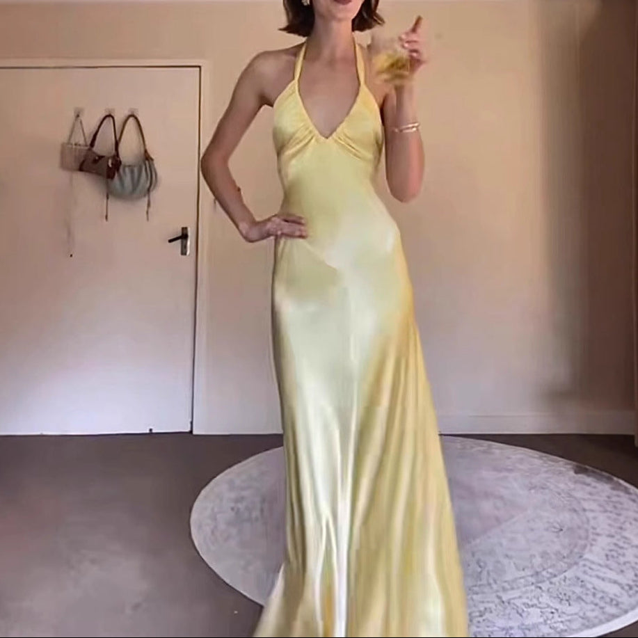 French Yellow Acetate Strap Halter Gold Feeling Dress Summer Slimming Backless Dinner Suit Daily Wearable