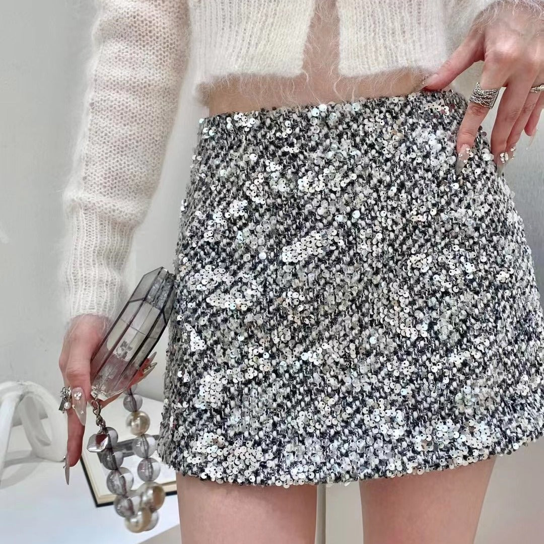 Sequin Midi Skirt Hot Girl Short Skirt Invisible Zipper Floral Nylon Silver