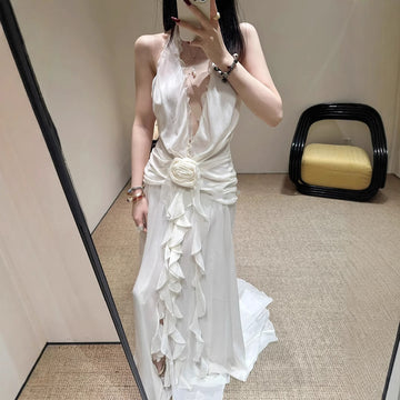 French Style Vacation Style V-neck Halter Stringy Selvedge Dress Chiffon Three-Dimensional Flower Backless Sexy Evening Dress Women