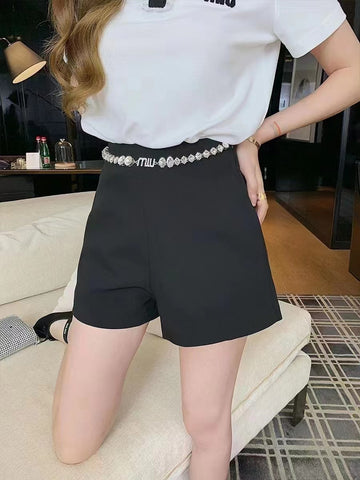 New Detachable Letter Crystal Chain Decoration Black High Waist Casual Shorts Women
