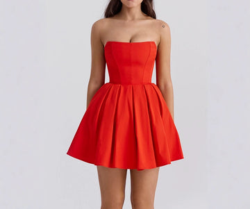 Red and White Off-Shoulder Mini Dress Sexy Hot Girl Fishbone Pleated Dress