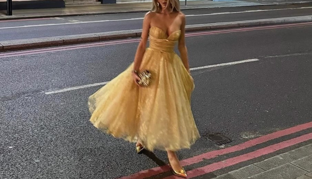 French Style High-End Elegant Socialite Gold-Stamped Lace Strapless Corset Mesh Puff Dress for Women