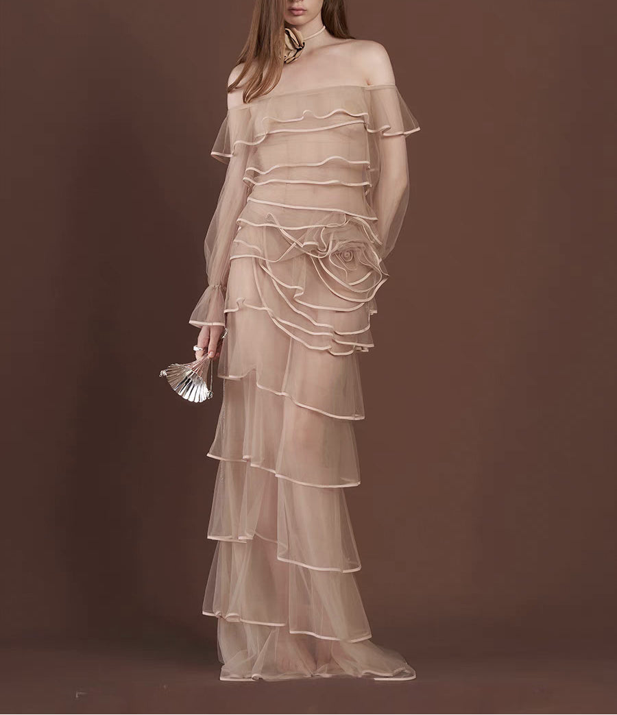 French Style Lightweight Sheer Gauze Apricot Multi-layered Ruffle Off-shoulder Long Dress