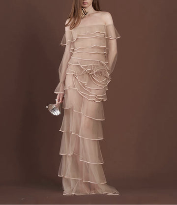 French Style Lightweight Sheer Gauze Apricot Multi-layered Ruffle Off-shoulder Long Dress