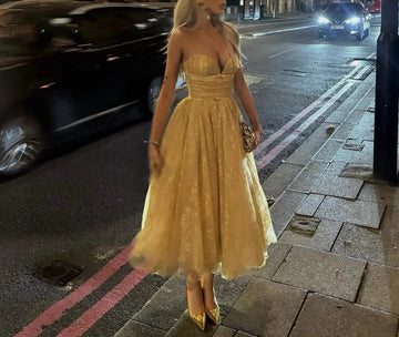 French Style High-End Elegant Socialite Gold-Stamped Lace Strapless Corset Mesh Puff Dress for Women