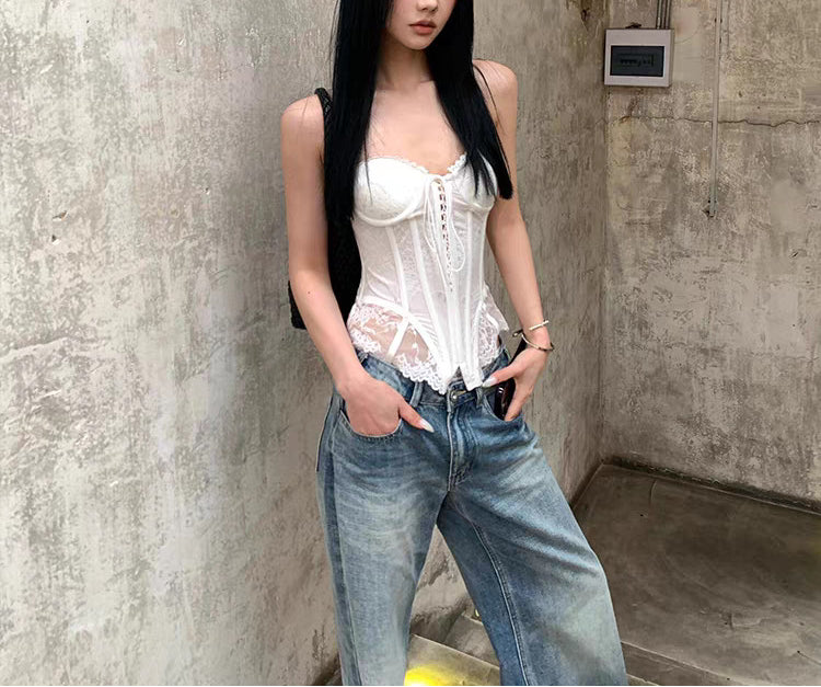 Sexy Backless Fishbone Strapless Vest Pure Desire Lace Slim Fit Short Fishbone Top