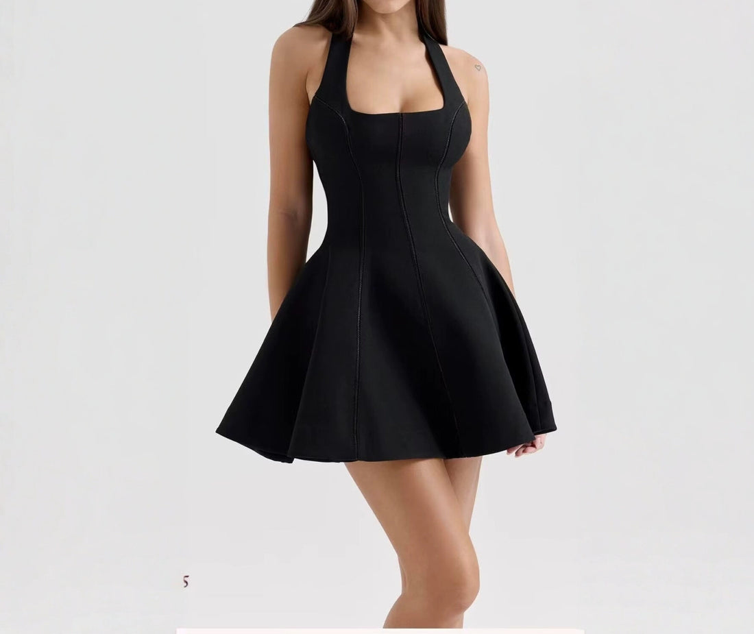 Women's Summer New Halter Neck Tie Back Sexy Waist-Cinching Draped Short Dress for Vacation