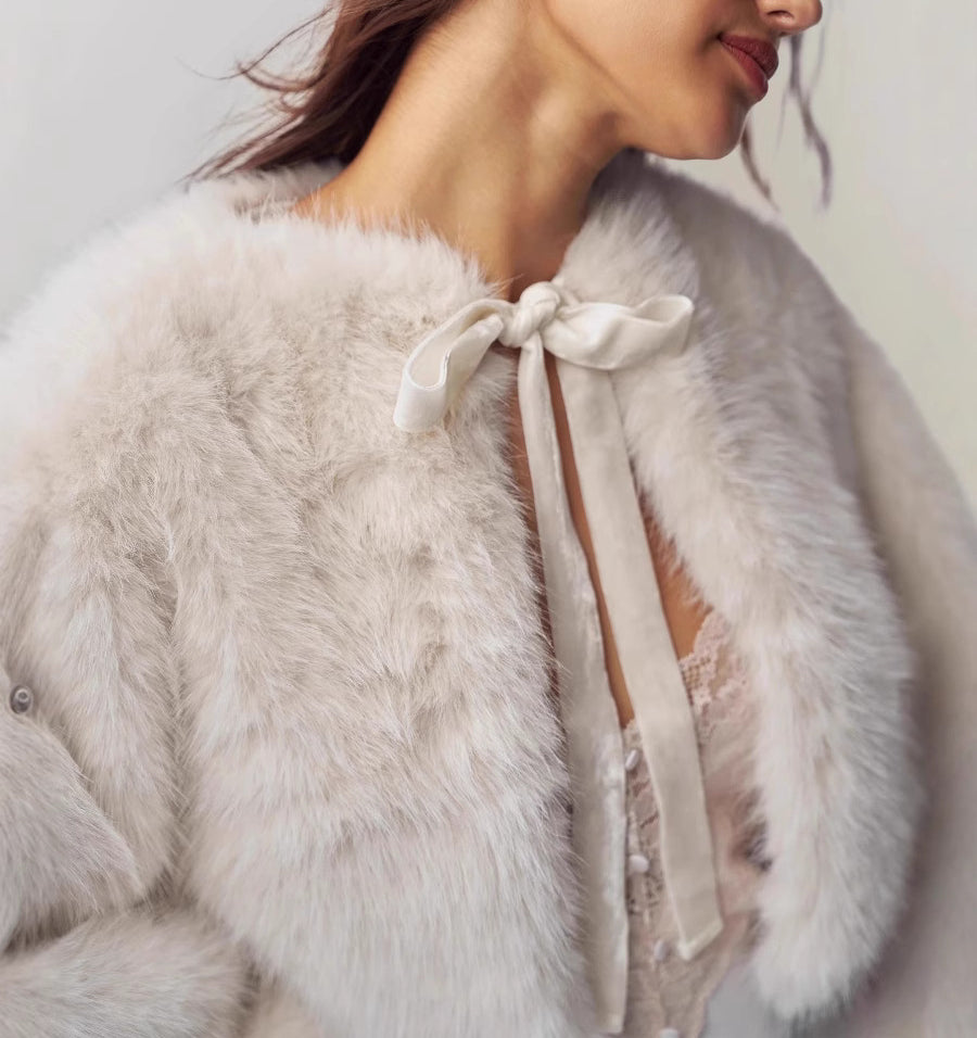 Elegant Socialite Style Autumn Winter New Eco-friendly Fur Tie Ribbon Plush Jacket Coat Women Fur Coat Women