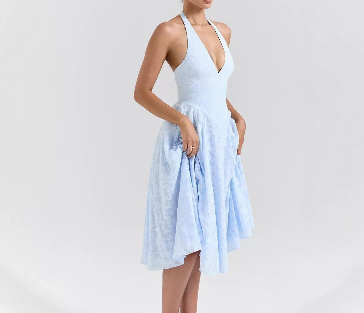 Blue Jacquard French Style Atmosphere V Backless Vacation Halter Neck Dress Gown Long Dress