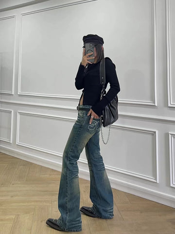 Niche Designer Vintage Distressed Yellowed Slim Fit Low Waist Jeans Loose Straight Wide Leg Pants Long Pants Floor-Length Pants