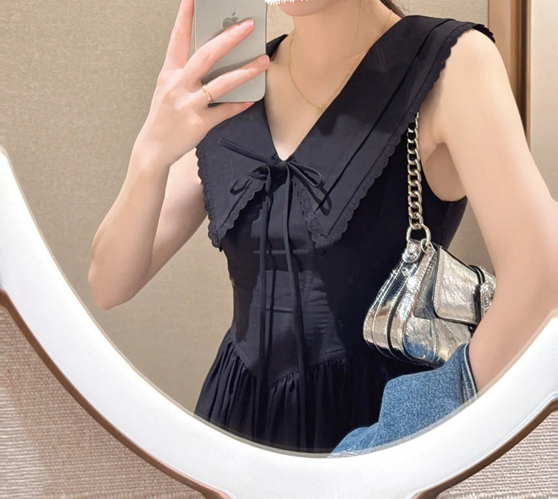 Black Turn-Down Collar Sleeveless Dress with Light Luxury and Stylish Design a Long Skirt