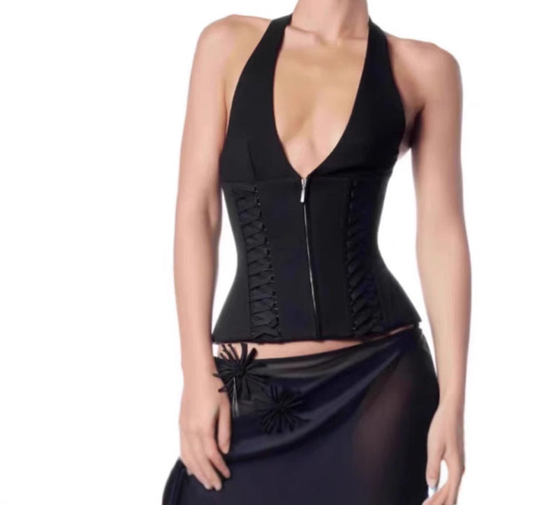 Halter Neck Fishbone Tie Strap Vest Slimming Sexy Hot Girl Camisole Top for Women Summer