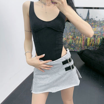 Knitted Fabric Fashionable Niche Belt Buckle Decoration A Summer New Half Skirt with Rolled Hem