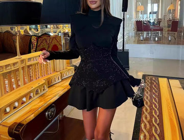Stand Collar Long Sleeve Dress Fashion Sequin Color Block Slim Fit Patchwork Short Dress