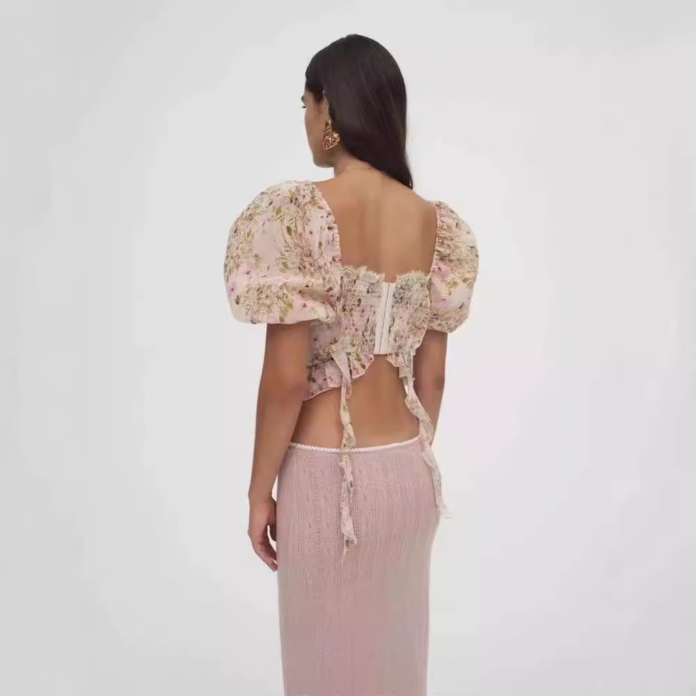 Floral Square Collar Self-Tie Chiffon Shirt Sweet Spicy Wooden Ear Puff Sleeve Slimming Top