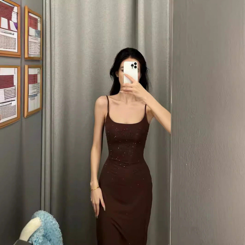 skims American Style Elegant Temperament Rhinestone Slim Fit Strap Dress Hot Girl Bodycon Date Long Dress
