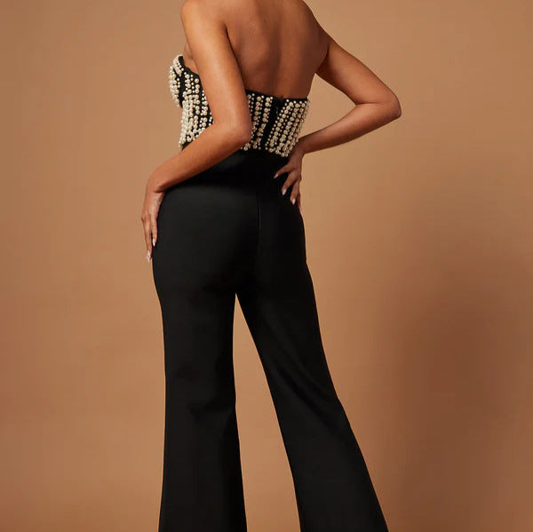 Sexy Pearl Tube Top High Waist Slim-Fit Solid Color Jumpsuit