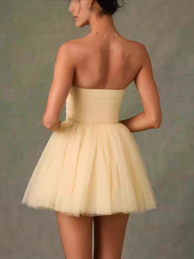 Yellow Sweet and Spicy Sexy Strapless Dress Waist-Cinching Slimming Princess Puff Dress