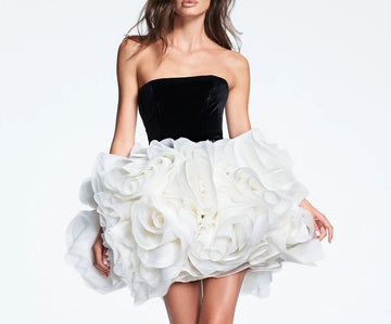 Black and White Gradient Couture Dress with Floral Skirt