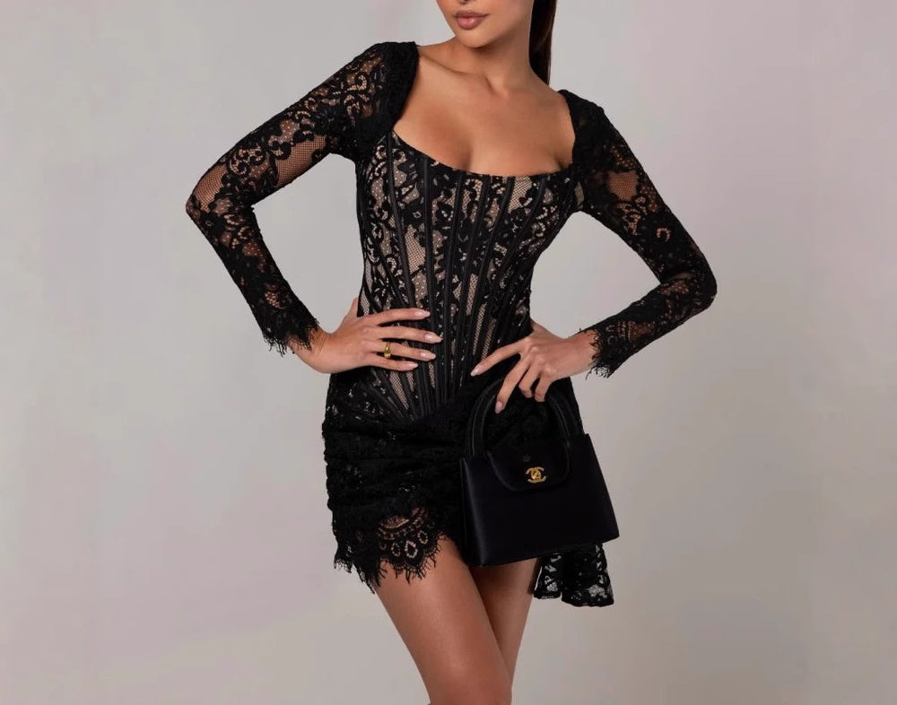 Long Sleeve Sexy Lace Mesh Corset Waist Dress Autumn Winter New Short Dress