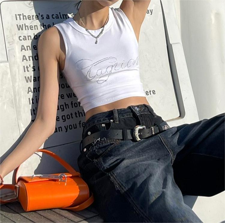 Diamond-studded Vest T Sleeveless Round Neck Top