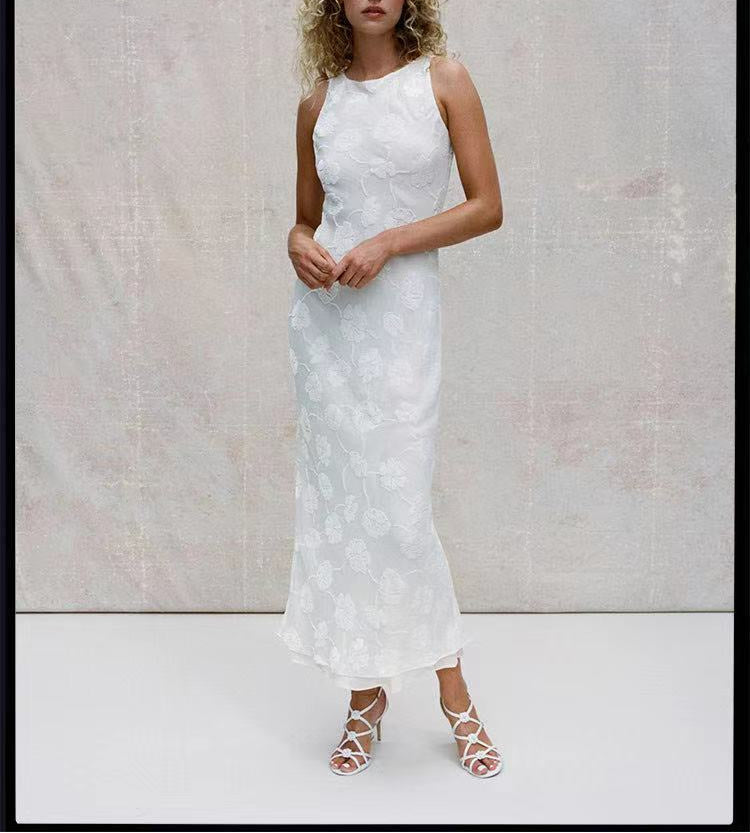 Sleeveless Elegant Velvet Burnout Heavy Embroidery Double-Sided Faux Silk Long Dress
