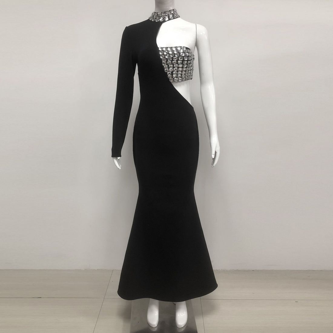 Sexy Rhinestone Embellished High Neck One Shoulder Long Sleeve Slim Fit Bandage Bodycon Dress Long Dress