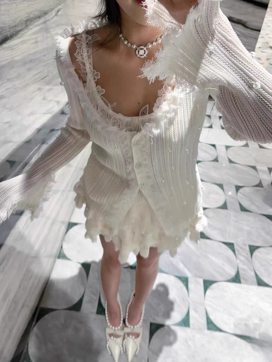 Pure White Love 3D Lace Heavy Beaded White Knit Camisole Cardigan