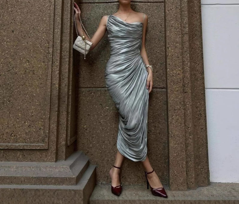 Summer New Asymmetric Off-Shoulder Silver Thread Pleated Dress for Women