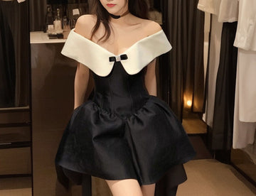 French Style Off-Shoulder Strapless Little Black Dress for Women, Unique Design, Elegant Black Fairy Puff Dress
