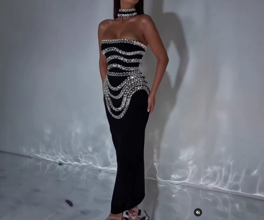 Heavy Industry Diamond Tube Top off-Shoulder Bandage Dress Party Dinner Bandage One-Piece Dress