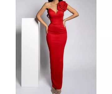 Strapless Deep V Three-dimensional Flower Hip Skirt Slim-fit Solid Color Fashion dress Elegant Party Gown
